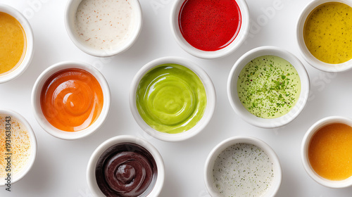 An assortment of colorful dipping sauces in small white bowls on a white surface