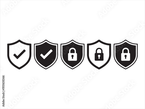 Security Shield Icon Set with Check Mark and Lock Vector Illustration. Security shield icon set with check mark symbols