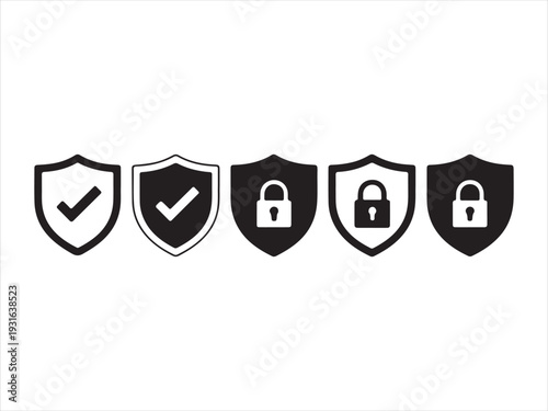 Security Shield Icon Set with Check Mark and Lock Vector Illustration. Security shield icon set with check mark symbols