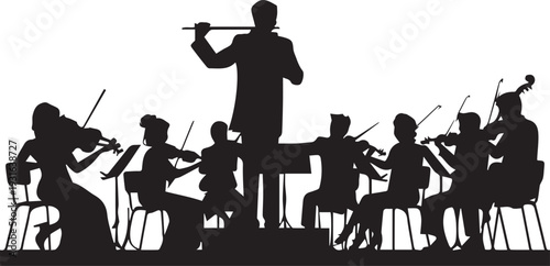 Conductor leading an orchestra with various instruments in silhouette Vector