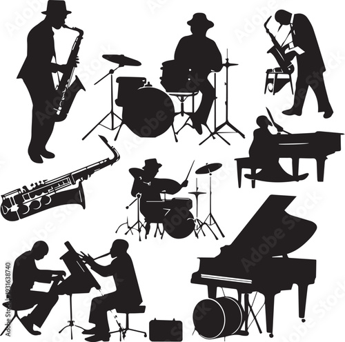 A diverse collection of musicians playing various instruments in silhouette Vector