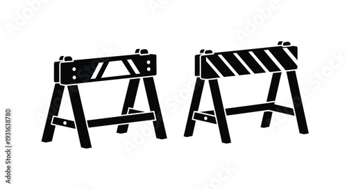 Black and white illustration of two sawhorses with striped barrier