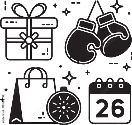 Boxing Day Vector Icons Gifts, Gloves, Shopping Bags And Holiday Calendar Set