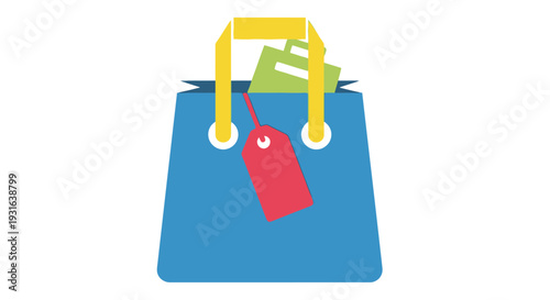 A flat vector illustration of a blue shopping bag with a red tag