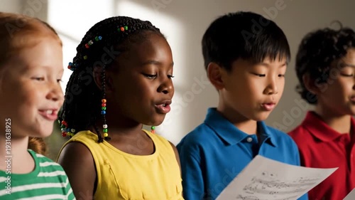 Multi-Ethnic Children Choir Singing Together with Sheet Music in a Brightly Lit Indoor Room for Vocal Performance and Music Education
