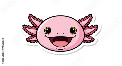 Cute Pink Axolotl Face Cartoon Sticker, Smiling Amphibian Animal