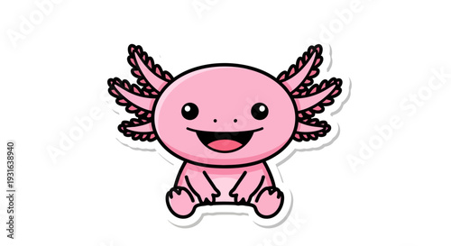 Cute Pink Axolotl Cartoon Character Sitting and Smiling