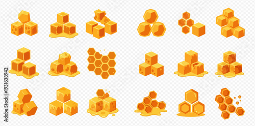 Set of honeycombs and honey cubes in various shapes and arrangements, isolated on a transparent background.