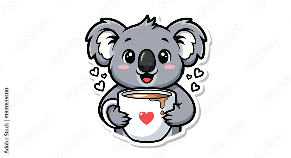 Fototapeta premium Cute Koala Holding Coffee Cup with Heart, Kawaii Cartoon Sticker