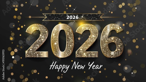 Golden Glitter New Year 2026 Celebration Banner with Sparkling Numbers and Festive Confetti