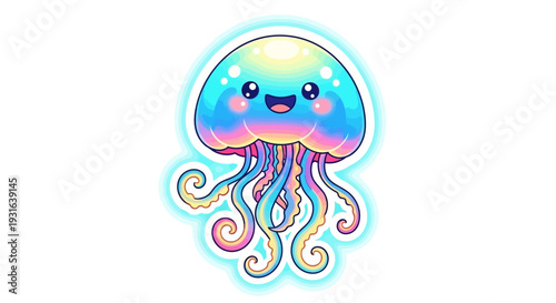 Cute Kawaii Jellyfish Illustration, Rainbow Colors, Ocean Creature, Cartoon Style