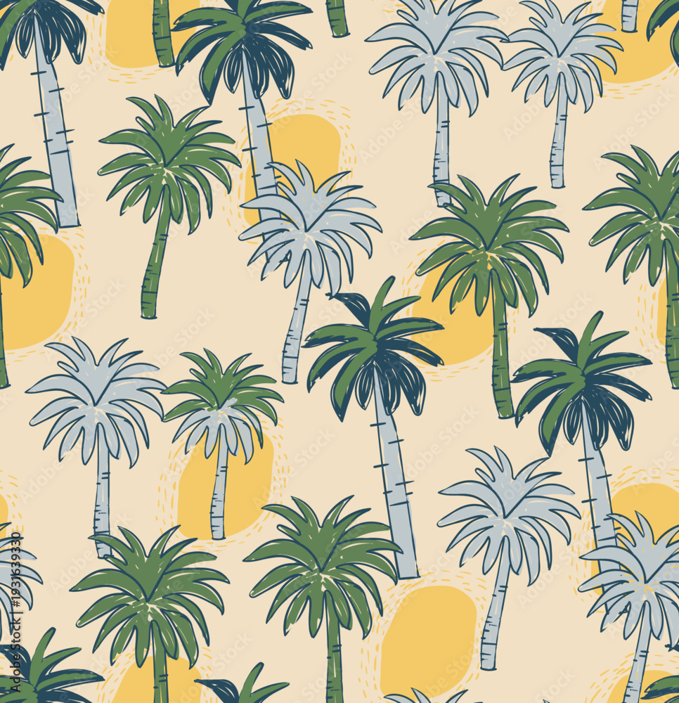 Obraz premium tropical palm tree seamless pattern design in vector graphic. summer vibes background. hand drawing print design. sunset sun graphic design. tee t-shirt sweatshirt clothing fabric print 