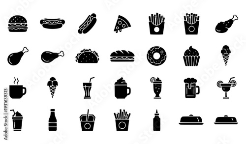 Minimal Black Fast Food and Drink Glyph Icons