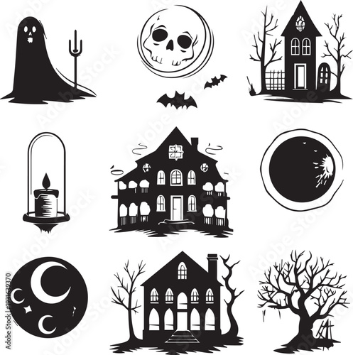 A collection of spooky and haunted house icons for halloween Vector