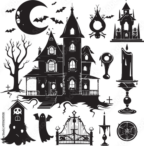 Spooky halloween scene with haunted house and eerie symbols Vector