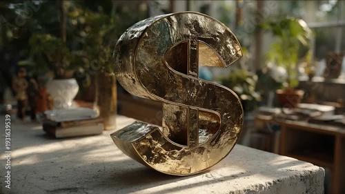 Golden S Symbol of Wealth: A large, textured, golden 'S' symbol sits on a stone table in a greenhouse, surrounded by plants and books, representing money and prosperity.