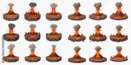 Set of cartoon isometric volcano eruptions with lava and smoke isolated on transparent background.