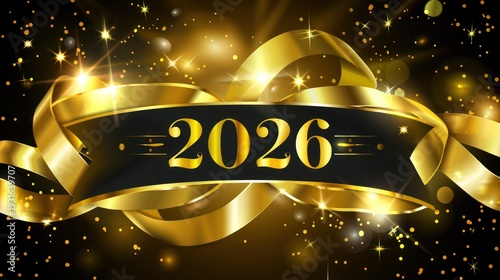 Golden New Year Celebration Banner with 2026 Text and Sparkling Confetti
