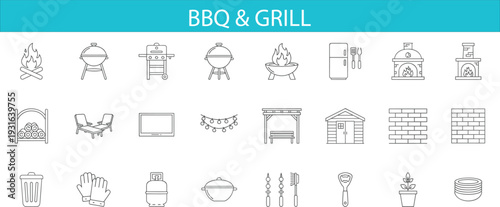 BBQ and outdoor grill line icon set featuring barbecue equipment, fireplace, fire pit, garden tools and patio elements outline vector collection isolated on white background