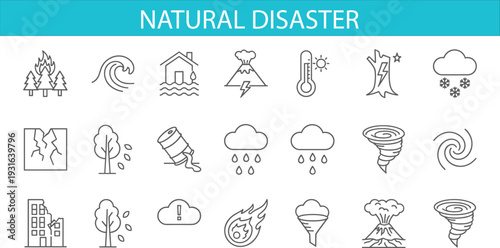 Natural disaster and extreme weather line icon set featuring wildfire, flood, earthquake, tornado, volcano, storm warning and climate change outline vector collection