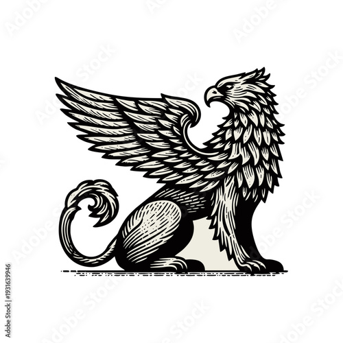 Majestic Griffin Vector Illustration in Woodcut Style. Mythical Heraldic Creature.