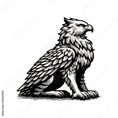 Regal Eagle Sitting in Profile, Vintage Engraving Style Vector Illustration