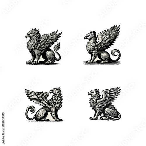 Four Heraldic Griffin Illustrations, Stylized Engraving Art of Mythological Creatures, Vintage Design for Emblems and Logos