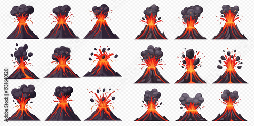 Set of erupting volcano animations with lava, smoke, and flying rocks, showing various stages of volcanic activity.
