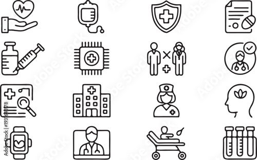 Medical Technology and Healthcare Outline Icon Set