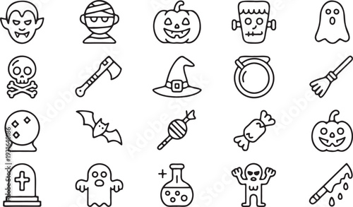 Halloween Spooky Characters and Symbols Outline Icon Set