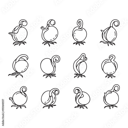 Collection of stylized plant sprouts and seedlings line art icons isolated on white background