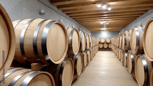 Wine Cellar Panorama: Rows of wooden wine barrels, elegantly arranged, slumber in the serene ambiance of a traditional cellar.