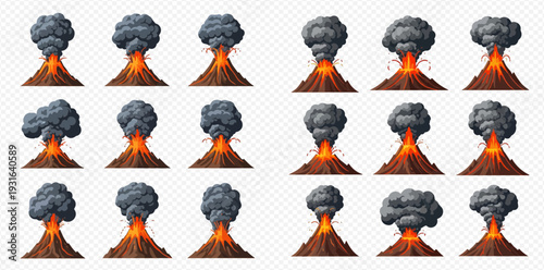 Volcano eruption stages with smoke and lava, set of natural disaster illustrations.