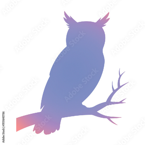 Colorful Halftone Owl Silhouette on Branch, Modern Gradient Wildlife Vector Illustration.