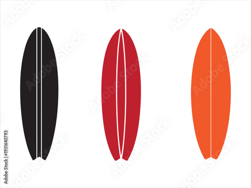 Surf board icon, silhouette vector, Surfboard Silhouette Set in Black Red and Orange