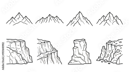 Hand Drawn Mountain and Cliff Collection Black Outline Vector Art