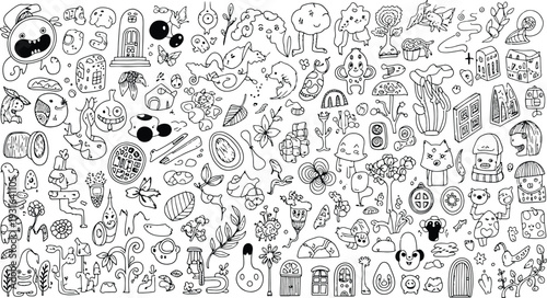 Hand Drawn Doodle Cartoon Set – Cute Black and White Sketch Collection, Fun Characters, Objects and Decorative Elements