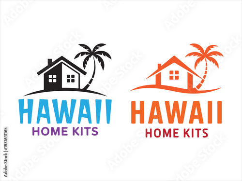 Tropical house with palm trees logo vector design. Home palm tree logo design vector illustration