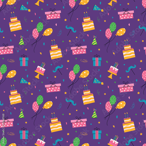 Birthday Party Elements Pattern. Hand-drawn elements: cake, balloons, gifts, confetti 