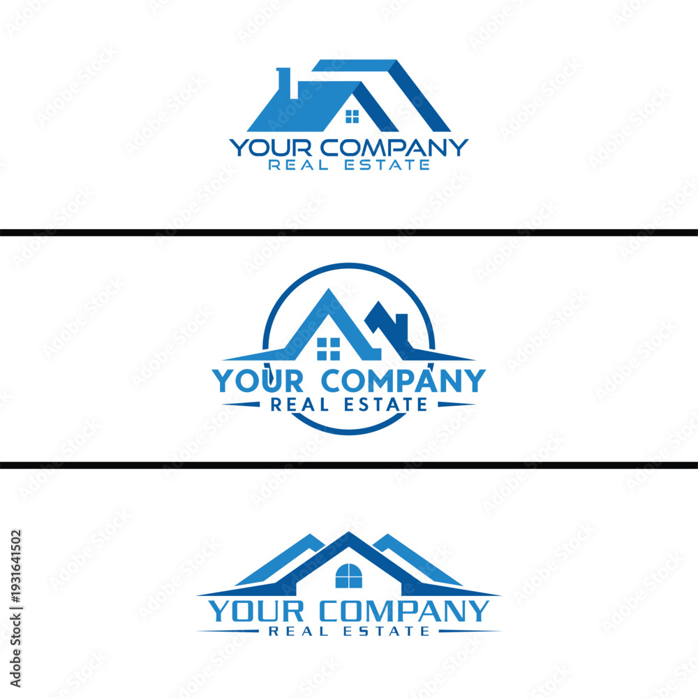 Fototapeta premium Modern Real Estate Company Logo Set with Blue House and Roof Design Template
