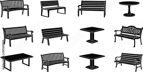 Collection of outdoor benches and tables silhouette set, wooden and metal park furniture isolated on white background, detailed vector illustration for landscape design