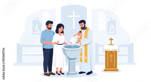 This flat design vector illustration depicts a heartwarming infant baptism ceremony, showcasing a priest, baby, and parents