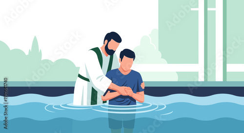 A flat design illustration capturing the profound moment of adult baptism by immersion, representing spiritual renewal and commitment.
