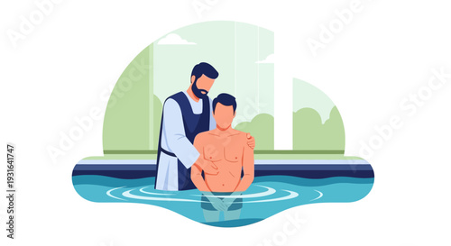 A flat design illustration capturing the profound moment of adult baptism by immersion, representing spiritual renewal and commitment.