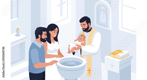 This flat design vector illustration depicts a heartwarming infant baptism ceremony, showcasing a priest, baby, and parents