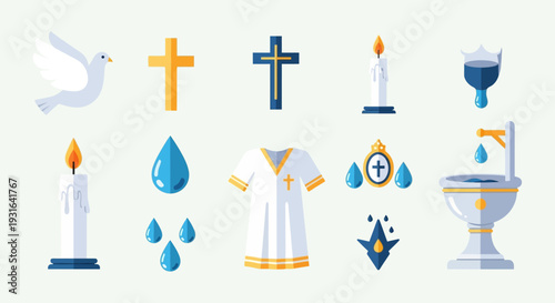 This flat design vector illustration features a comprehensive icon set of key baptism symbols, including a dove, cross, candle, and holy water.