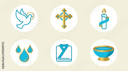 This flat design vector illustration features a comprehensive icon set of key baptism symbols, including a dove, cross, candle, and holy water.