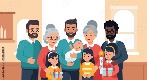 This flat design vector illustration portrays a joyful family celebration after a baptism, with diverse members gathered together