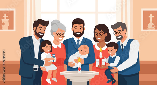 This flat design vector illustration portrays a joyful family celebration after a baptism, with diverse members gathered together