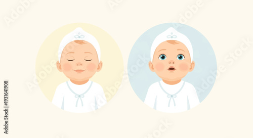 A beautiful flat design vector illustration of a serene baby adorned in a pristine white baptismal gown